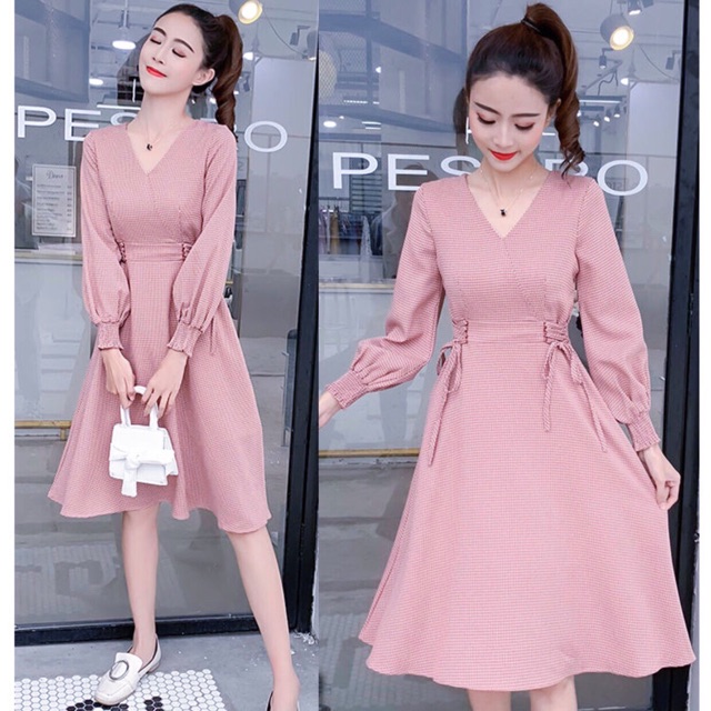 Đầm caro đan dây eo (kèm hình thật)