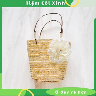 Túi cói đi biển Vintage gắn hoa trà TIỆM CÓI XINH hàng cao cấp