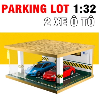 Gara xe mô hình ô tô tỉ lệ 1:32 có đèn chiếu sáng bằng gỗ công nghiệp để được 2 xe