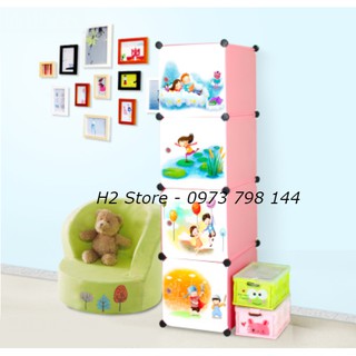 TỦ NHỰA THÔNG MINH LẮP GHÉP ĐỂ QUẦN ÁO 4 Ô CỬA CỔ TÍCH CHO BÉ sâu 47cm