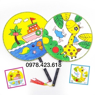 Quạt Vải Lụa tròn cổ trang có in hình cho bé tô màu 24cm