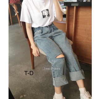 Quần bò ống rộng sắn gấu rách một bên TĐ12