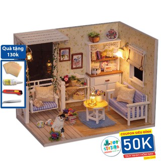 Mô hình NHÀ BÚP BÊ bằng gỗ có đèn led Kitten Diary CUTEH013 Tặng kèm Mica che bụi và dụng cụ lắp ráp ToyStationVN