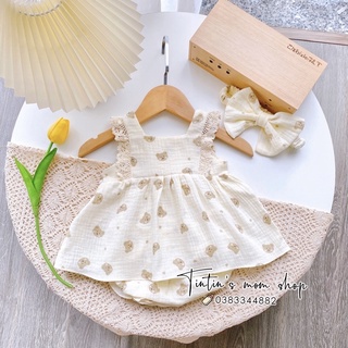 Sét váy xô muslin gấu kèm chíp và nơ cho bé gái đầy tháng/ thôi nôi