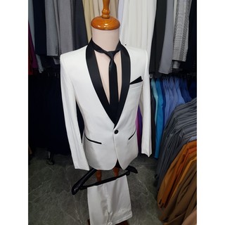 Bộ vest nam màu trắng kiểu cổ sam phi đen (áo+quần+cà vạt+kẹp)