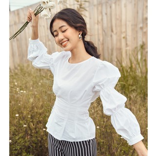 Áo kiểu cổ tròn tay 3 búp màu trắng - FJN01