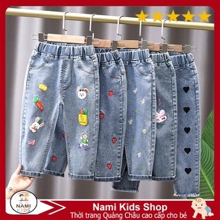 [23:B15] Quần jeans dài in thêu họa tiết đáng yêu cho bé gái hàng QCCC