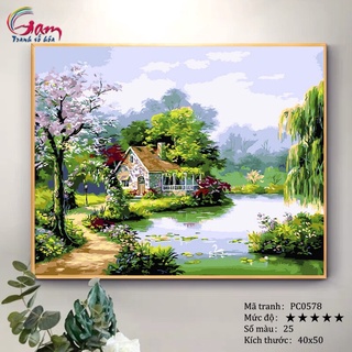 Tranh sơn dầu số hoá phong cảnh biển thiên nhiên ngôi nhà nhỏ PC0578