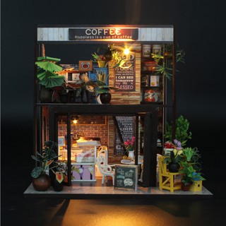 Mô hình nhà DIY Doll House Coffee House Kèm Mica chống bụi, Bộ dụng cụ và Keo dán