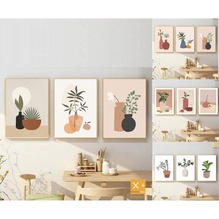12 bộ tranh treo tường, tranh canvas, phong cách tối giản Boho- Minimalism tone cam trắng trừu tượng, tặng đinh 3 chân t