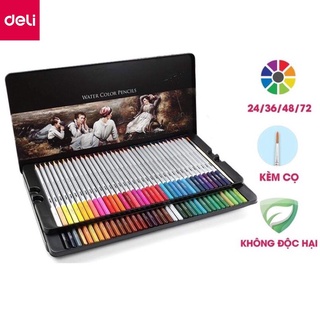 Bút chì màu nước gỗ trầm cao cấp Deli hộp thiếc kèm cọ tán. Bộ 24/36/48/72 màu 6521 / 6522 / 6523 / 6524