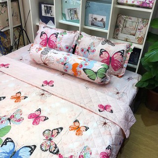 Sét Chăn Ga Gối 5 Món Cotton Poly Emmidecor Mẫu Bướm Hồng