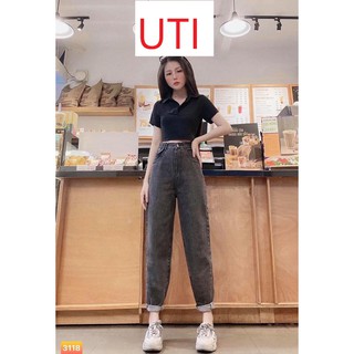 QUẦN BAGGY JEAN NỮ LƯNG CAO TÚI NẮP MÀU XÁM CAO CẤP UTI ĐỦ SIZE S, M, L