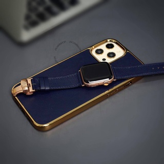 [COMBO 2 MÓN MÀU XANH PACIFIC] DÂY DA BÊ EPSOM KHÓA BƯỚM CHO APPLE WATCH + ỐP LƯNG DA EPSOM CHO IPHONE (BẢO HÀNH 1 NĂM)