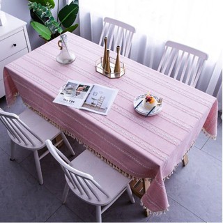 Khăn trải bàn sợi dệt kẻ sọc chữ X nền hồng trang nhã Landecor - TB438