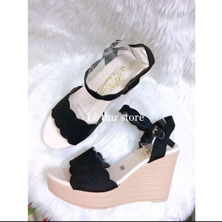 Ảnh thật Sandal cao gót 9cm siêu nhẹ siêu rẻ êm chân. Dép đế xuồng xốp nữ màu đen phối quai lượn sóng. Thời trang 1989