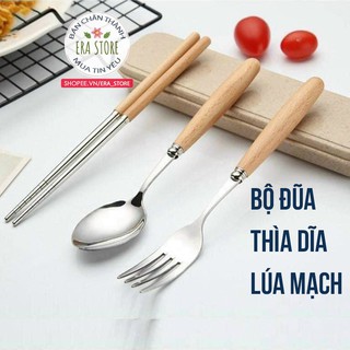 [LOẠI TỐT] Bộ 3 dụng cụ đũa thìa dĩa inox không gỉ tay gỗ văn phòng tiện lợi dễ dàng vệ sinh an toàn cho sức khỏe