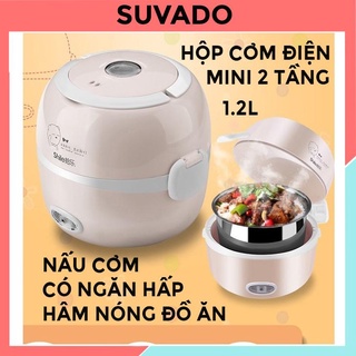 Hộp cơm điện mini 2 tầng inox 1.2 lít nồi cơm điện, nấu mì, hâm nóng đồ ăn tiện dụng đa năng B2 SUVADO