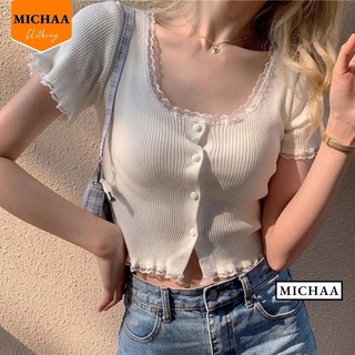 Áo Croptop CỔ VUÔNG VIỀN REN Nữ Thun Gân Tay Ngắn Kiểu Ulzzang Ôm Body Đẹp - MICHAA