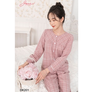 Set đồ ngủ nữ kẻ caro phối né dài tay chất liệu thô hàn thoáng mát thấm hút mồ hôi bộ đồ mặc nhà thoải mái Jane DK20