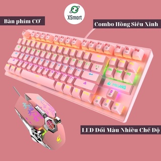 Combo bàn phím cơ và chuột full PINK siêu đẹp Led đổi màu nhiều chế độ cho máy tính laptop pc K2+V8 HỒNG