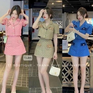 [ 𝐅𝐑𝐄𝐄 𝐒𝐇𝐈𝐏 ] SÉT CROPTOP KAKI CHÂN VÁY NGẮN CHỮ A HỌA TIẾT CHỮ CAO CẤP