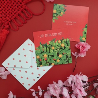 Thiệp Tết CHÚC MỪNG NĂM MỚI vuông 12cm SDstationery cây kim quýt sum xuê