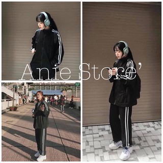 Bộ Nỉ Kẻ Sọc Thể Thao Đen Unisex 🦋 Set Đồ Dài Tay Dáng Rộng Nam Nữ 🦋