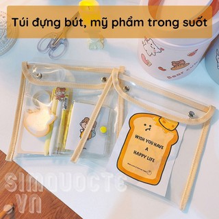 Túi đựng bút mỹ phẩm trong suốt hình vuông có hai nút bấm