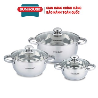 Bộ Nồi sunhouse inox 3 cái dáy dầy 3 lớp cao cấp dùng cho cả bếp từ SH334