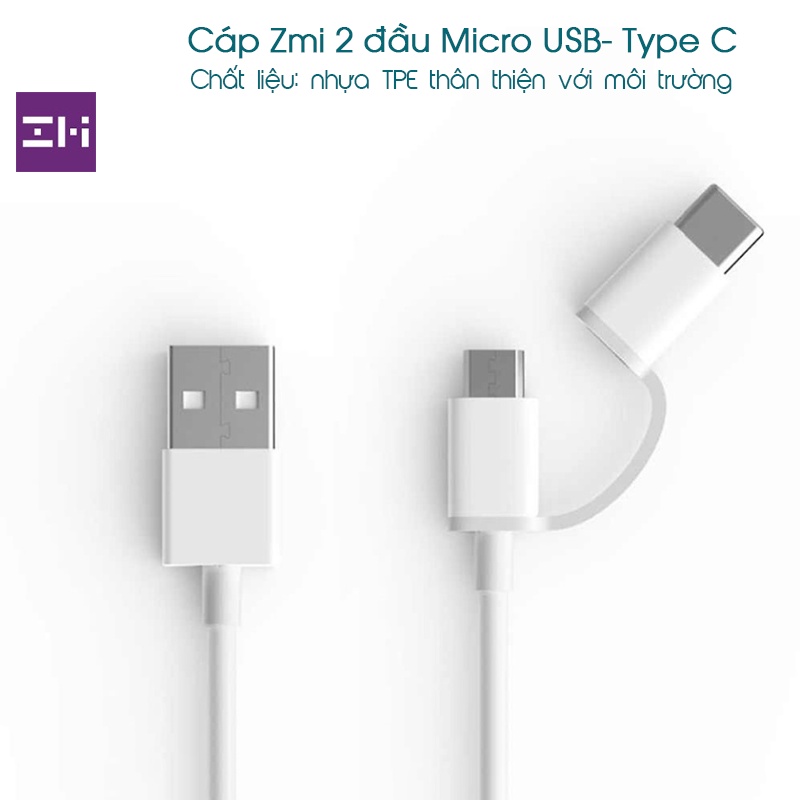 Cáp Zmi 2 đầu Micro USB- Type C -3a ( Dài 1m & 30cm )