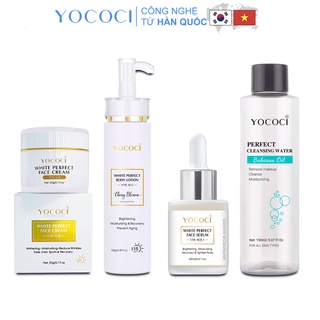 Bộ 4 sản phẩm Yococi Perfect gồm 1 serum 20ml, 1 kem face 20g, 1 kem dưỡng trắng body 150g &amp; 1 nước tẩy trang 150ml