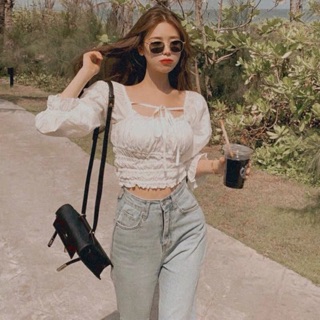 ÁO CROPTOP CỔ U CỘT NƠ (KÈM VIDEO HÌNH THẬT)