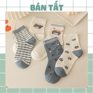 Tất vớ nữ cổ cao - tất nữ cổ cotton cổ cao hoạ tiết xanh dương cherry phong cách Hàn Quốc dễ thương