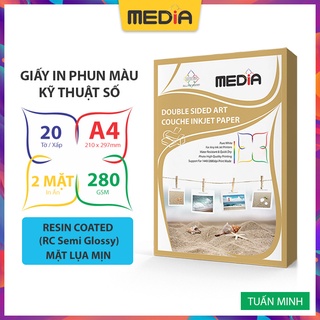 Giấy In Phun Màu Media Inkjet 2 Mặt Lụa Mịn (Resin Coated Semi Glossy), A4 280gsm 20 Tờ, Dùng Cho Tất Cả Máy In Phun Màu