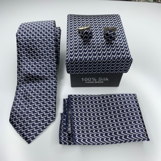Cà vạt nam 6cm hộp cà vạt + khăn + khuy áo xanh đen kẻ trắng sóng GiangPKC