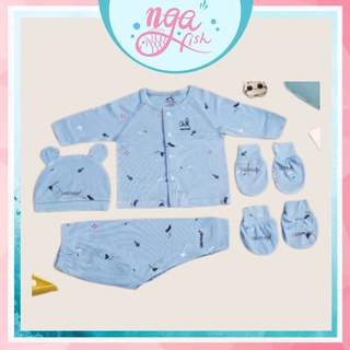 Bộ sơ sinh cho bé dài tay cài giữa petit họa tiết ( bao gồm mũ- bao tay chân )Uala đáng yêu Nga Fish  3068