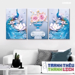 TRANH ĐÍNH ĐÁ Bộ 3 Công Xanh và hoa Ailuo AL72077 |150x71| _ Chưa đính