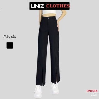 Quần Tây Nữ Xẻ Trước UNIZ 190 (Màu Đen), Dáng Dài, Ống Suông, Lưng Cao, Khóa Giữa, Vải Tuyết Mưa, Mềm Mịn