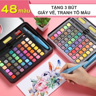 Màu nước solid water color 48 màu hộp sắt cao cấp kèm 3 bút vẽ và tranh tô màu