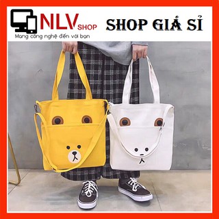 TÚI ĐEO CHÉO NỮ ĐEN XÁM VÀNG TRẮNG HỌA TIẾT CHÚ GẤU ĐÁNG YÊU - TÚI VẢI BỐ PHONG CÁCH THỜI TRANG 36X30X2