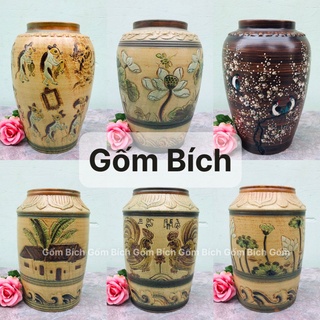 Thạp Gốm Men Đồng Khắc Sen Bình Hoa Lọ Hoa Gốm Sứ Bát Tràng - Gốm Bích