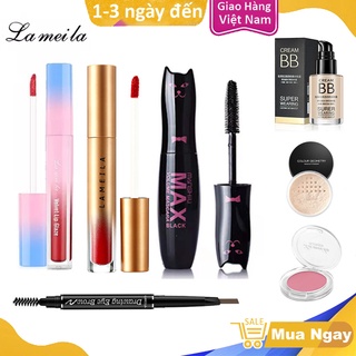 Bộ trang điểm 9 món Lameila gồm Kem BB che khuyết điểm, Phấn phủ, Phấn Mắt, Phấn Má, Chì kẻ mày, 2 Son kem lì, 2 cọ mắt