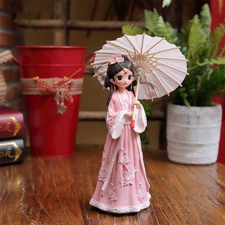 Tượng chibi thiếu nữ cổ trang che ô 3D sinh động 25cm - màu áo hồng