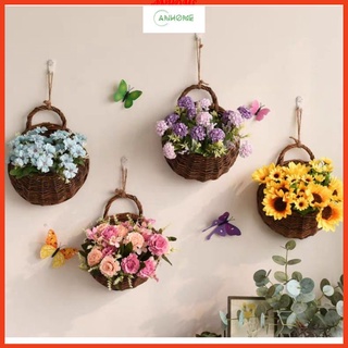 Giỏ mây tre đan cắm hoa cỏ giả trang trí tường, decor nhà hàng, quán cà phê độc đáo GH-15