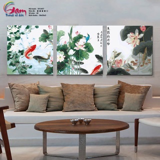 Bộ tranh sơn dầu số hoá trang trí cá chép - Mã DV1057 Cá động hoa sen