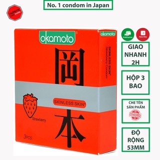 CHÍNH HÃNG 100% Bao Cao Su Okamoto Skinless Skin Strawberry Hương Dâu Hộp 3 Cái