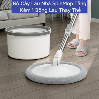 [Siêu HOT] Bộ Cây Lau Nhà Thông Minh Có Thùng Vắt Xoay Tròn Nhựa PP, Cán Inox Dài 134cm, 2 Miếng lau 25cm