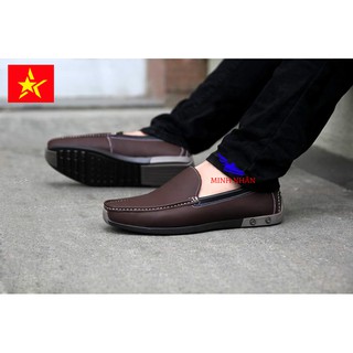 Giày mọi nam da bò nguyên tấm BẢO HÀNH 1 NĂM Giày lười nam hàng hiệu đẹp da bò giá rẻ M-9 màu nâu