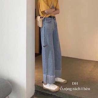 Quần bò ống rộng rách một bên (gấu rua)DH12